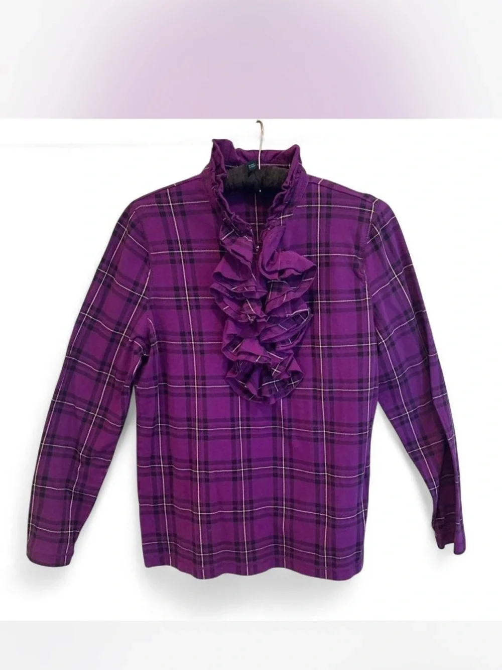 Ralph Lauren Purple Plaid Ruffle Front Top size L
